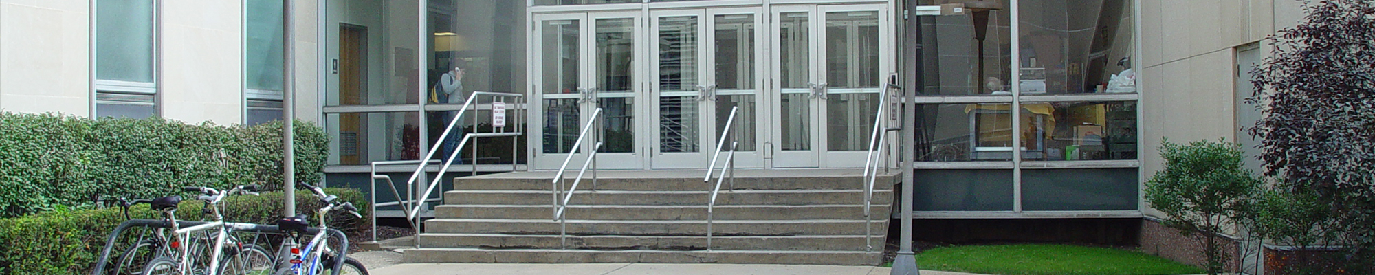 Outside view of the entrance steps and doors to Langley Hall